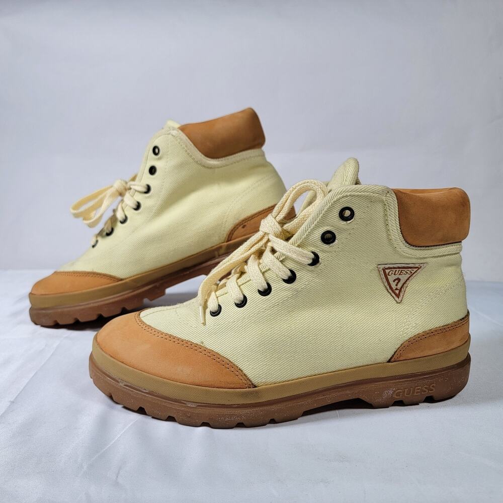Vintage 90s Guess High Top Hiking Boots Canvas Leather Gum Sole Men's 10.5 Y2K